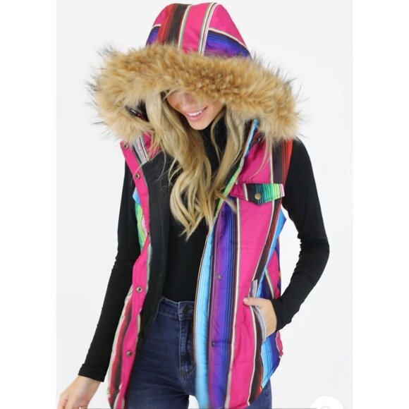 Judith March Rainbow Striped Puffer Vest Faux Fur Hood S Outdoor Street Style - Picture 1 of 15